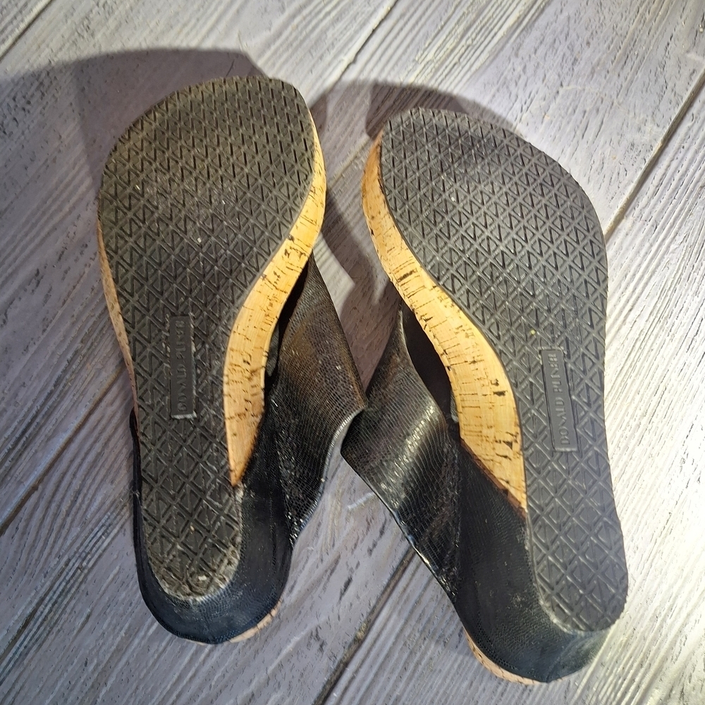 Donald J. Pliner Cork Metallic Black/Tan Leather Upper Malone Wedge Sandals 9 - Picture 3 of 13